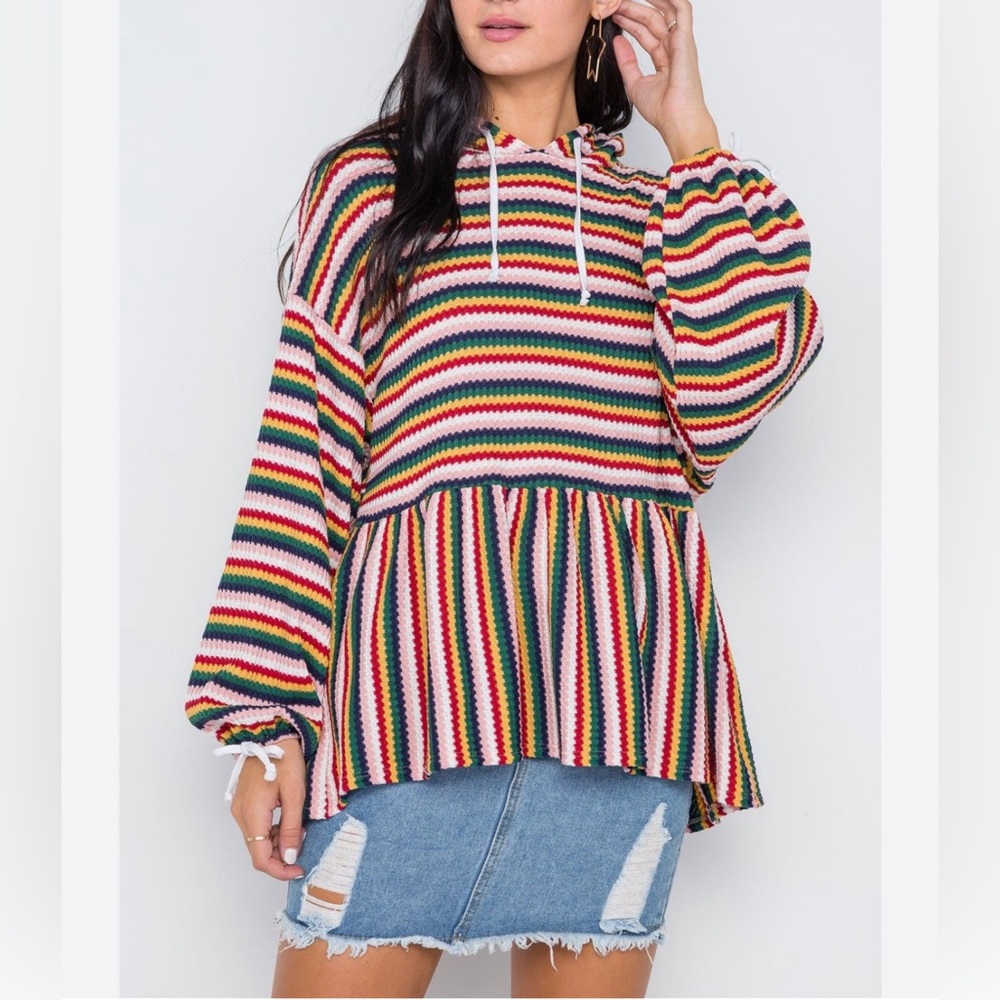 Women Striped Multicolor Lightweight Waffle Knit Hoodie Sweater Stretch Casual